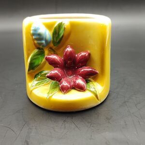 Vintage 1950's Yellow Planter With Red Flower and Blue Bud